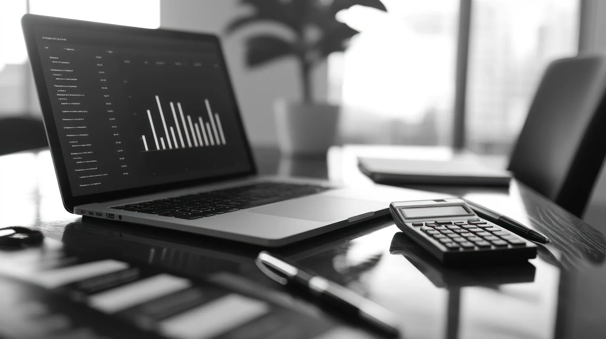 Mesa de trabalho com notebook, gráficos financeiros e calculadora
